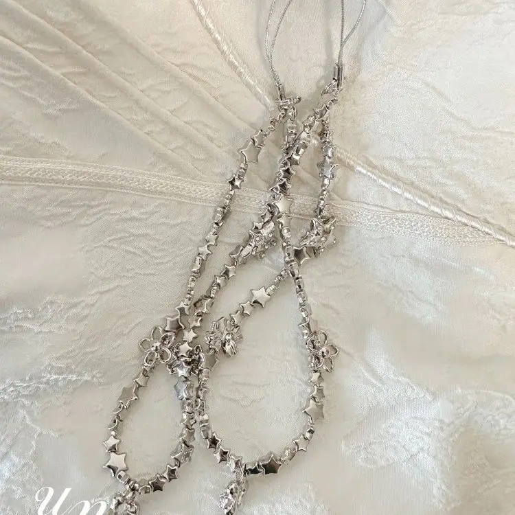 Y2K الفضة ستار حبة شريط لتعليق الهاتف المحمول الحبل اكسسوارات باردة ل iP 15 Airpods سماعات Ins كوريا المدرسية قلادة