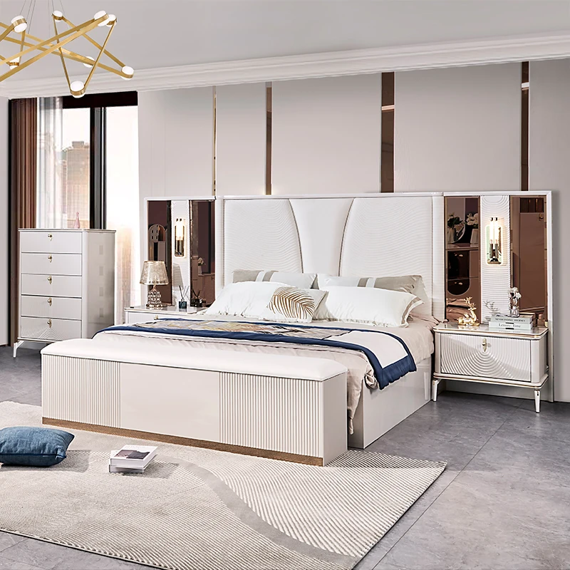 Modern Deluxe Wooden King Bedroom Set Full Double Bed Leather Home Storage Wooden Frame