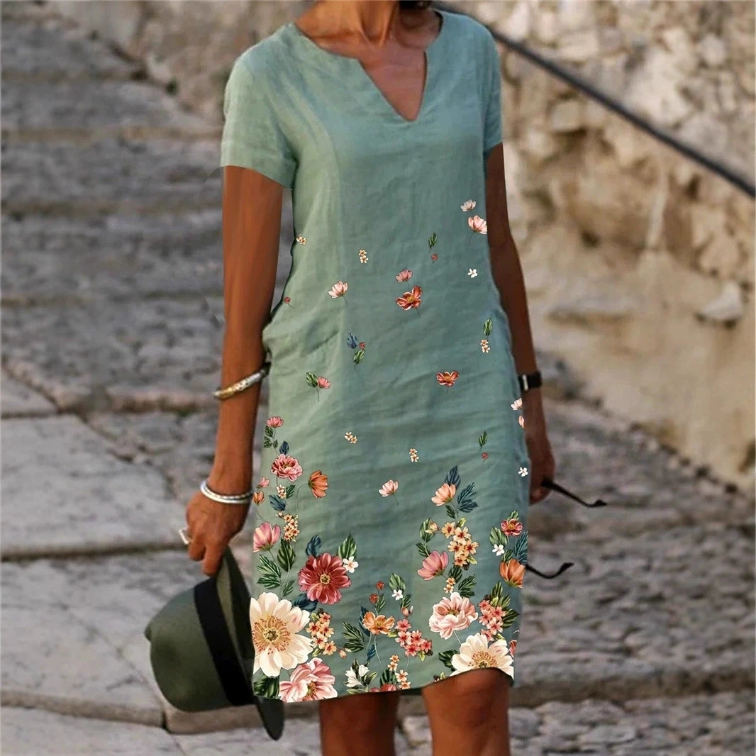 女性カジュアルディープ V ネックルーズロングドレス夏半袖プルオーバードレスヒョウ Vestidos カラフルなプリント A ラインパーティードレス