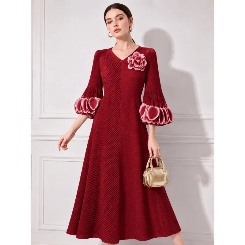 Miyake Pleated V-neck Dress Gradual Change Contrasting Color Horn Sleeve Disc Flower Dress Light Luxury Women's Clothing