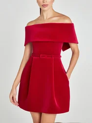 Zipper Patchwork Off The Shoulder Party Dress, Women Spring Slash Neck Fashion Mini Dress, 2025 Solid Short Sleeve Ladies Dress