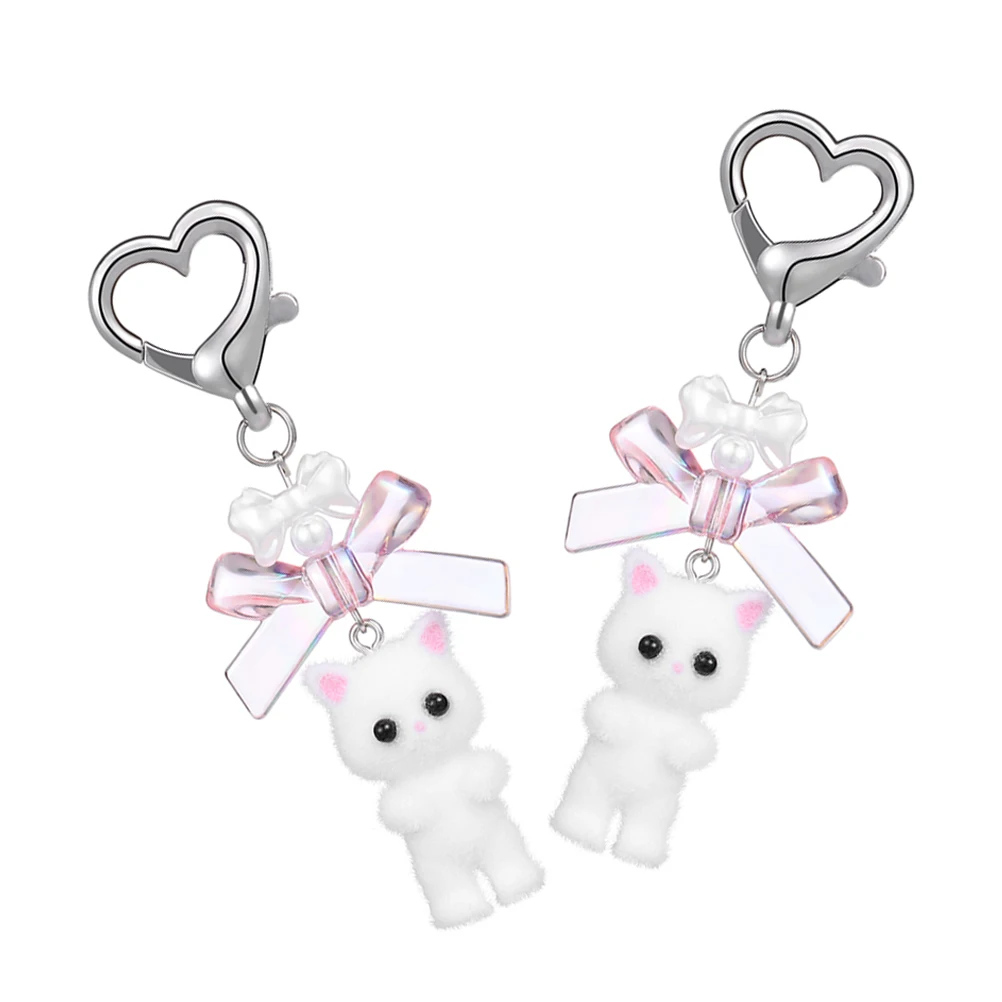 

2 pcs Cat Keychain Resin Flocking 3D Design Cute Bag Charms Kawaii Accessories Hanging Pendant Key Holder Backpack