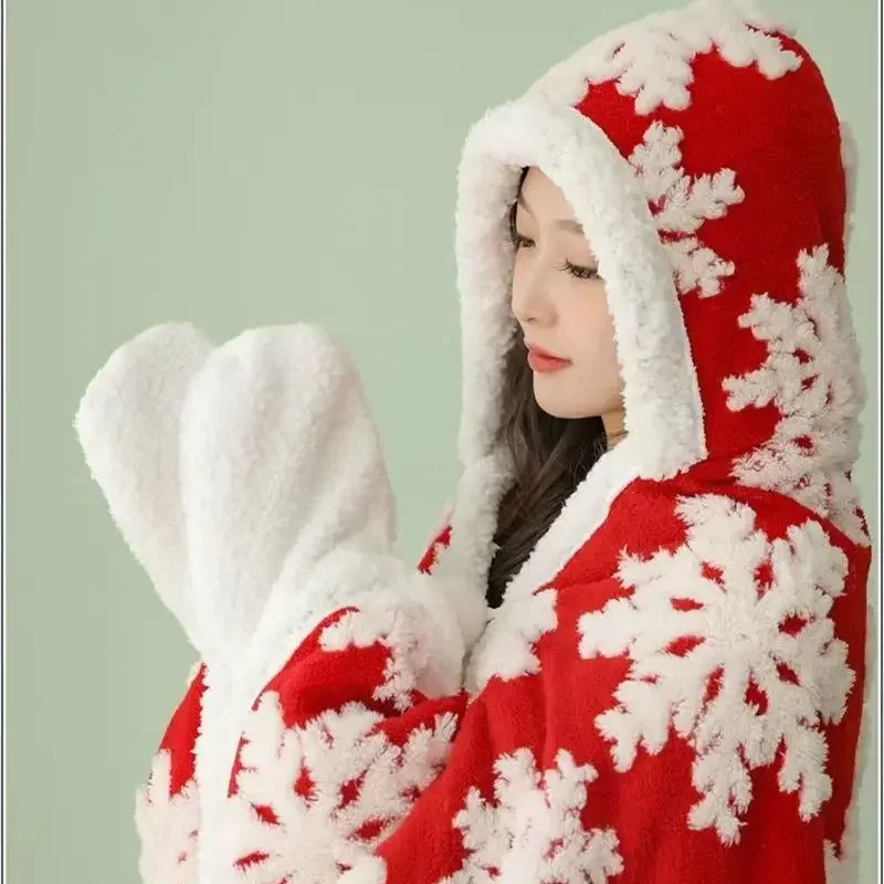 Kawaii Wearable Blanket Coral Velvet Christmas Warm Throw Blanket In Winter Hooded Cloak Blankets Adults Kids New Years Gifts