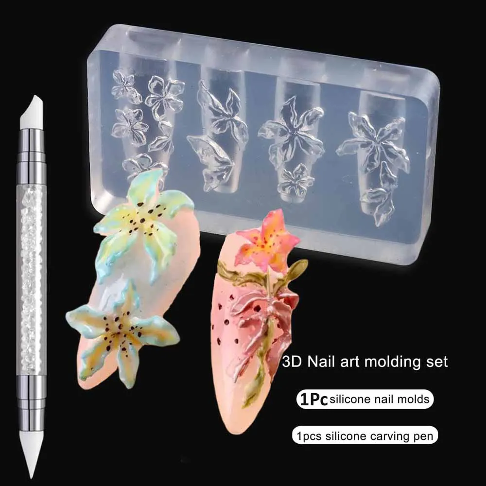 2/3pcs Lily & Cherry Blossom Petal Nail Mold Floral Silicone Nail Art Stencils Manicure Pedicure DIY Designs Reusable Nail Tools