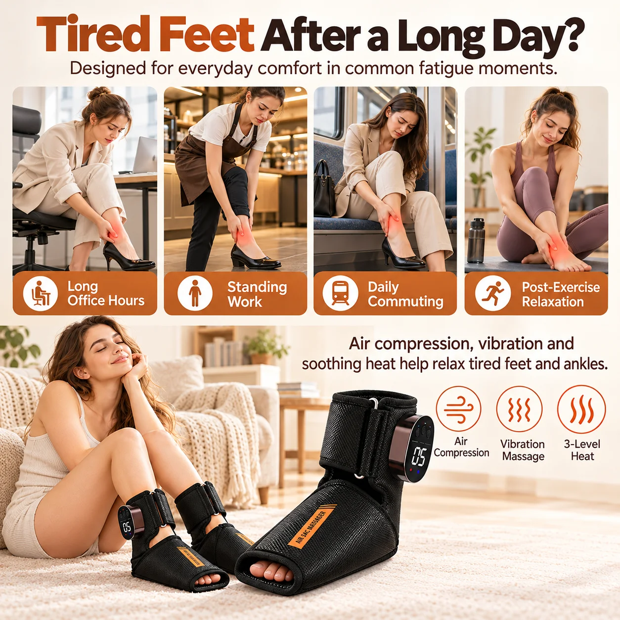 Electric Foot and Ankle Massager Boots Air Compression Heating Vibration 3 Intensity Levels for Tired Feet Home or Work