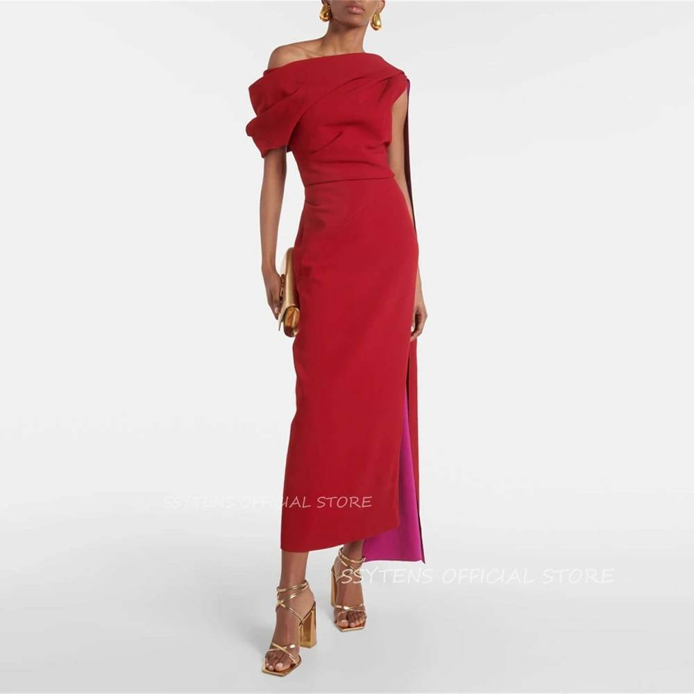 Formal Red Shawl Sleeve Saudi Arabian Party Dress for Women Elegant Prom Gown Ankle Length Special Event Occasion Evening Dress