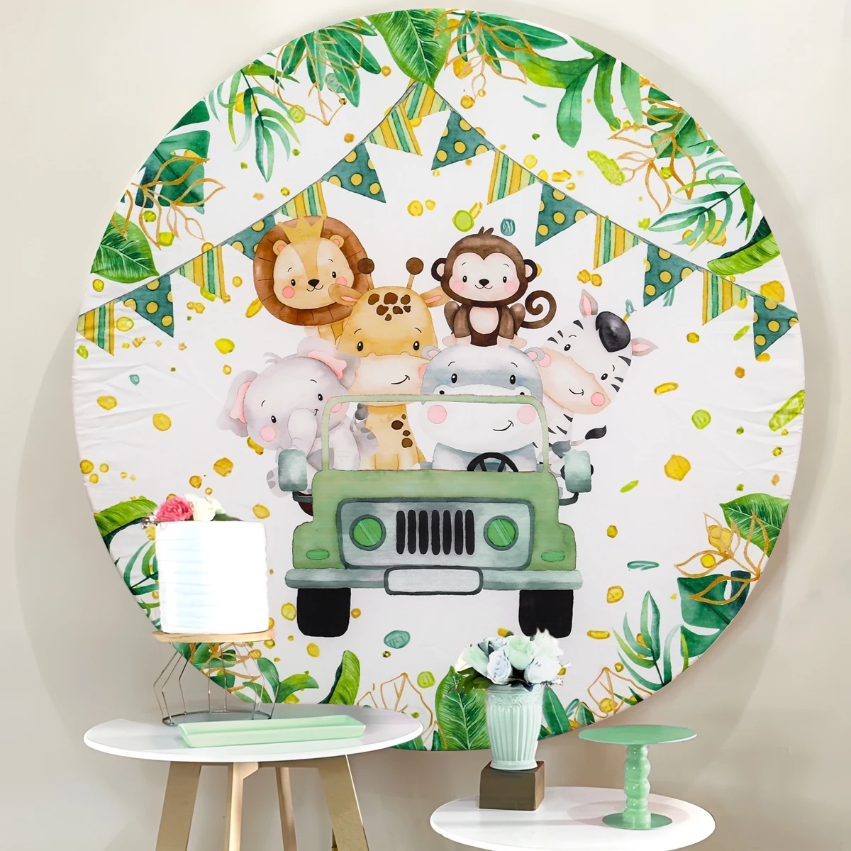 Jungle Animals Round Backdrop Safari Birthday Party Decoration Wild One Birthday Background Jungle Birthday Baby Shower Decor