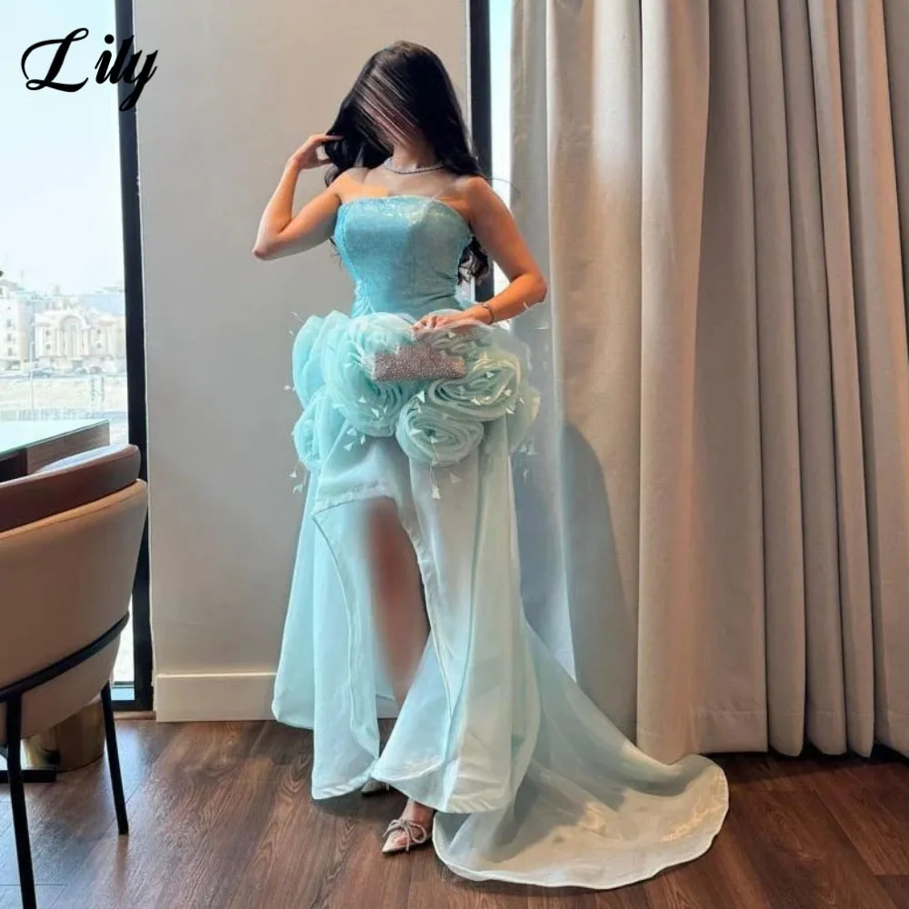 

Lily Blue Party Dresses with 3D-Flowers A-Line Sleeveless Evening Dresses with Pleats Strapless Prom Gowns for Women Customized