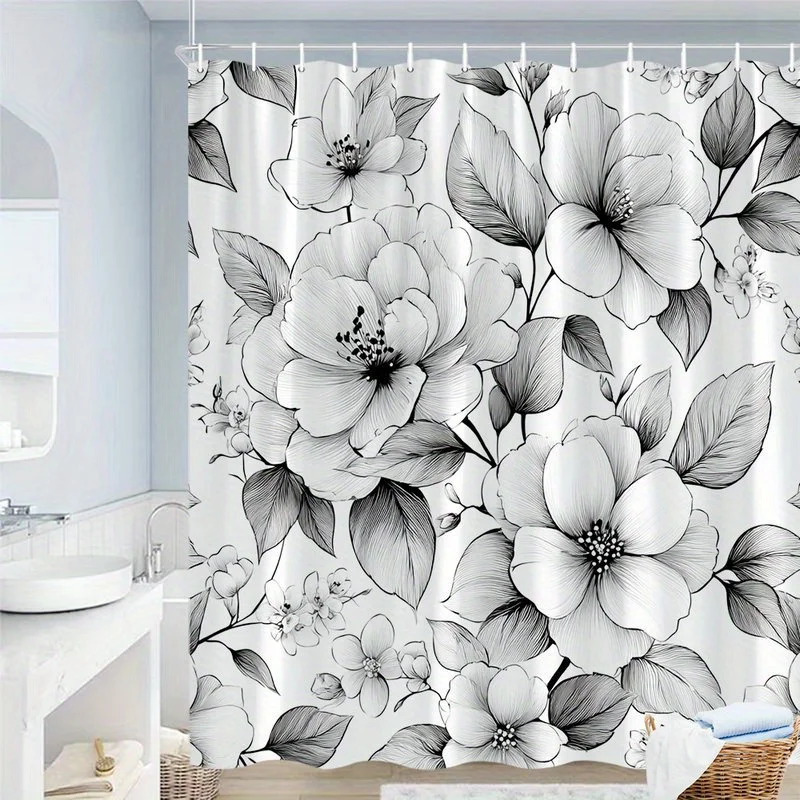 

1pc vintage black and white floral pattern shower curtain, polyester fabric, machine washable, suitable for bathroom decoration