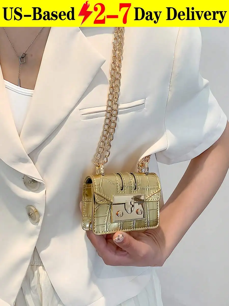 

Luxury Gold Croc-Texture Mini Box Bag With Detachable Chain Strap For Evening Party And Wedding Outfits