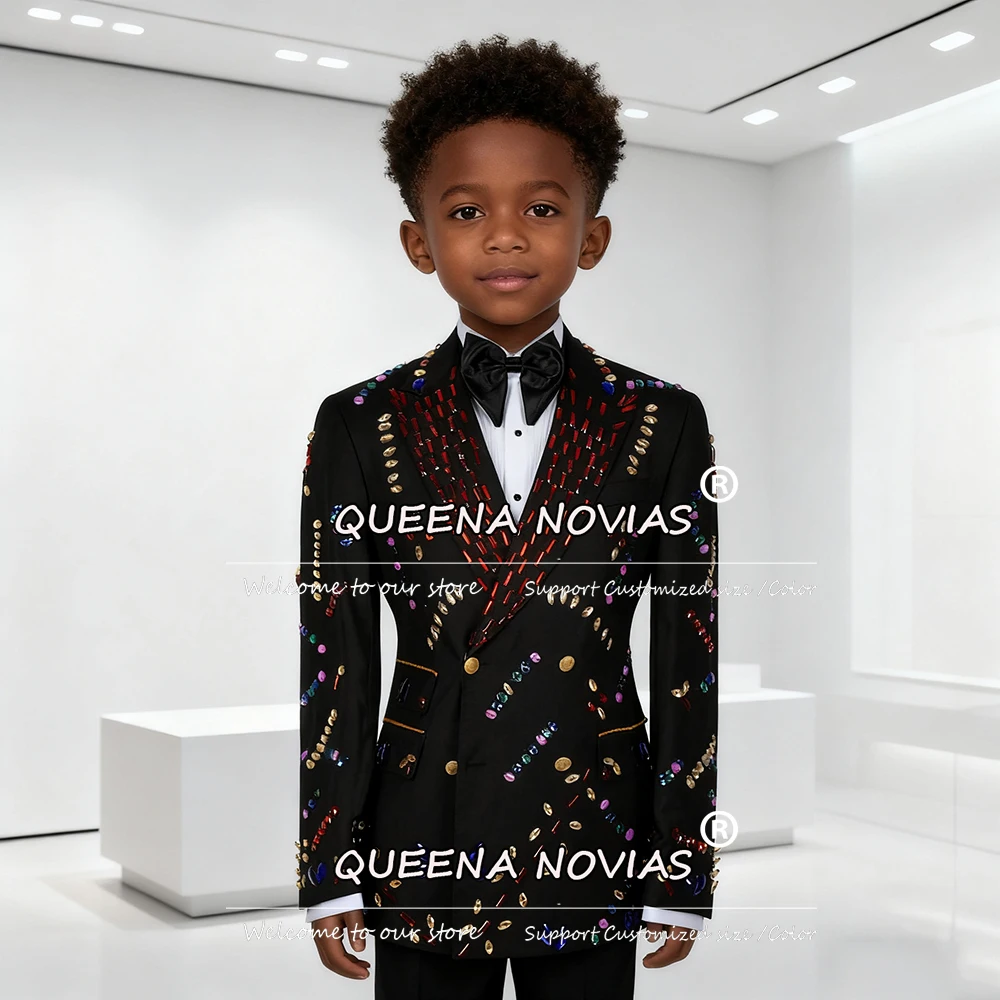 

Luxury Rhinestones Beaded Boys Suits For Wedding 2 Pieces Sets Double Breasted Kids Blazers Customized Children Party Tuxedos