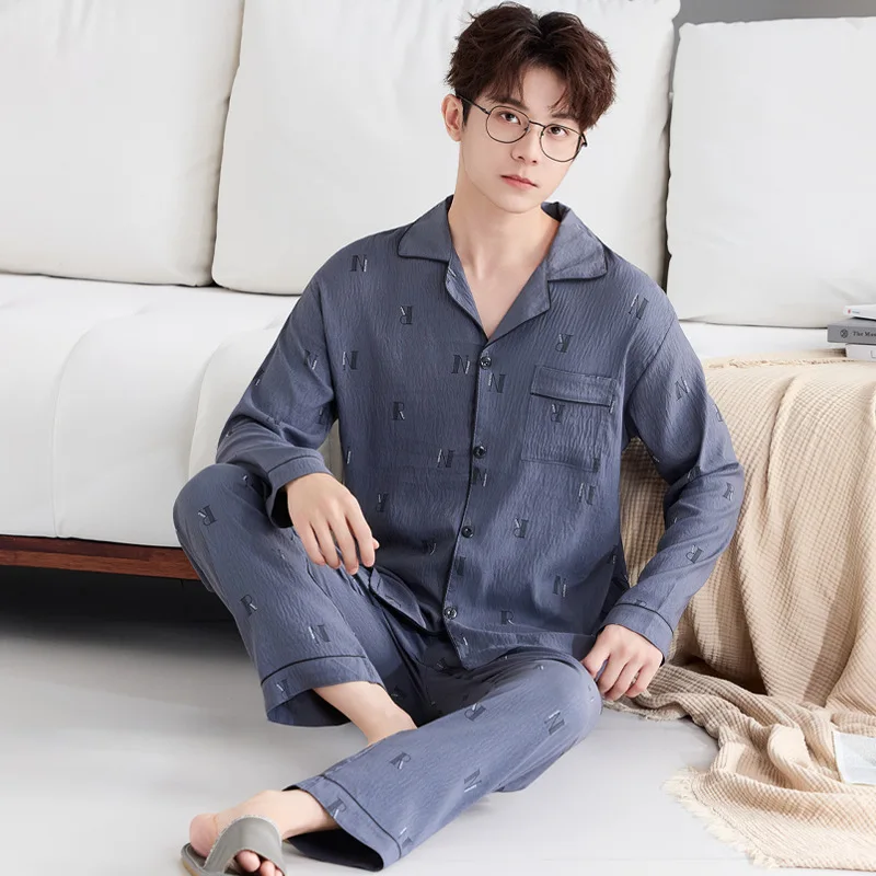 بيجامة رجالية فاخرة للخريف والربيع، قطن سحابي بأكمام طويلة، نمط بسيط مع تصميم حروف، مجموعة ملابس مريحة راقية