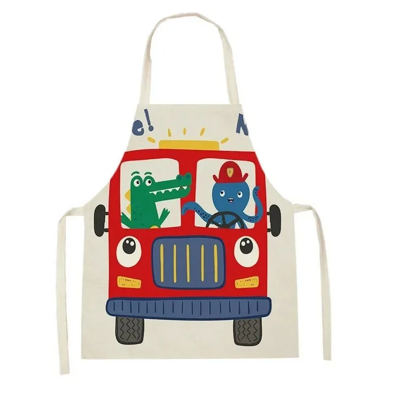 Kids Art Painting Smock Kitchen Cooking Apron Children's Cartoon Car Crane Fire Truck Pattern Printed Clothes Cover