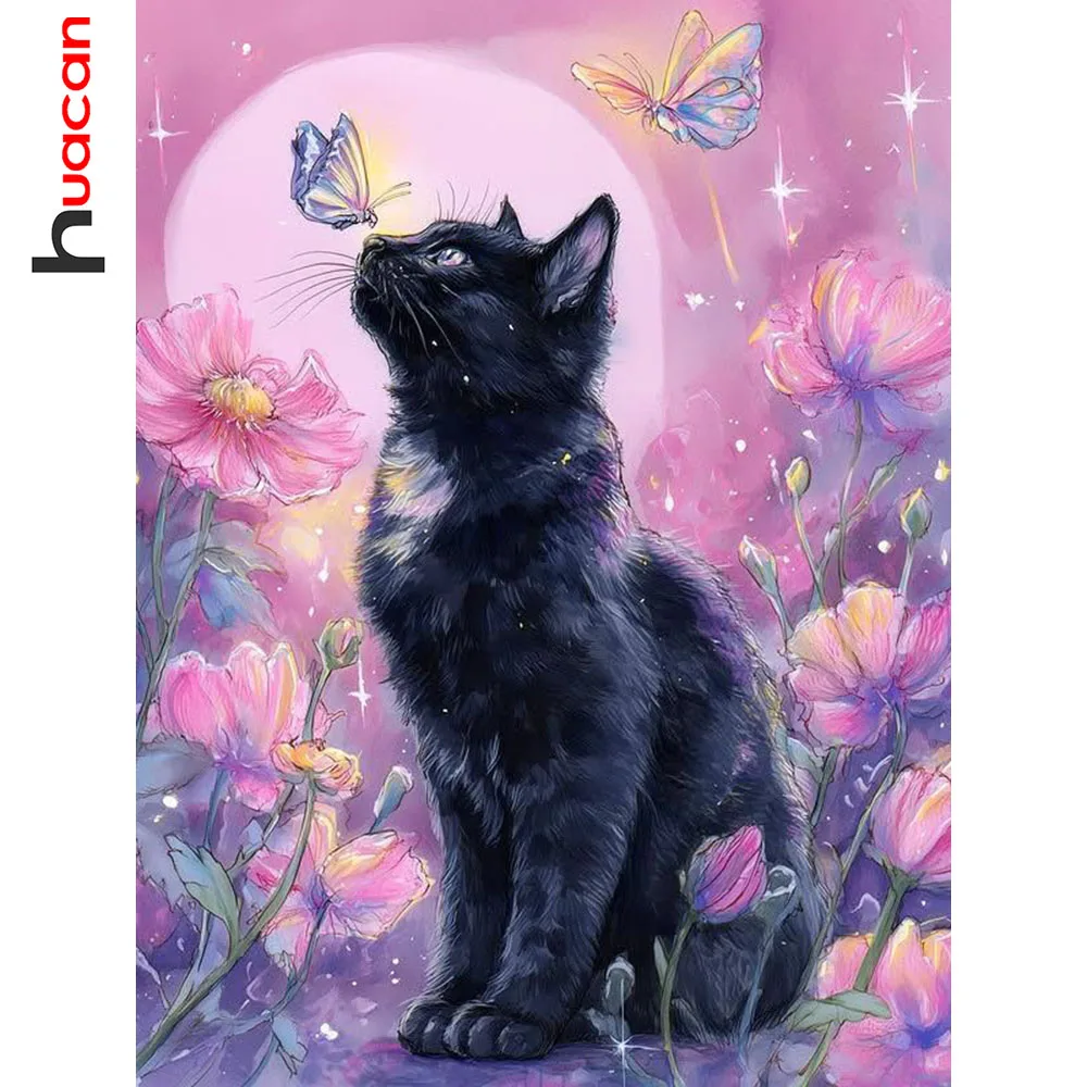 Huacan Diamantmalerei Katze Schmetterling Diamantstickerei Tier Blume Komplettes Set Handgemachtes Geschenk