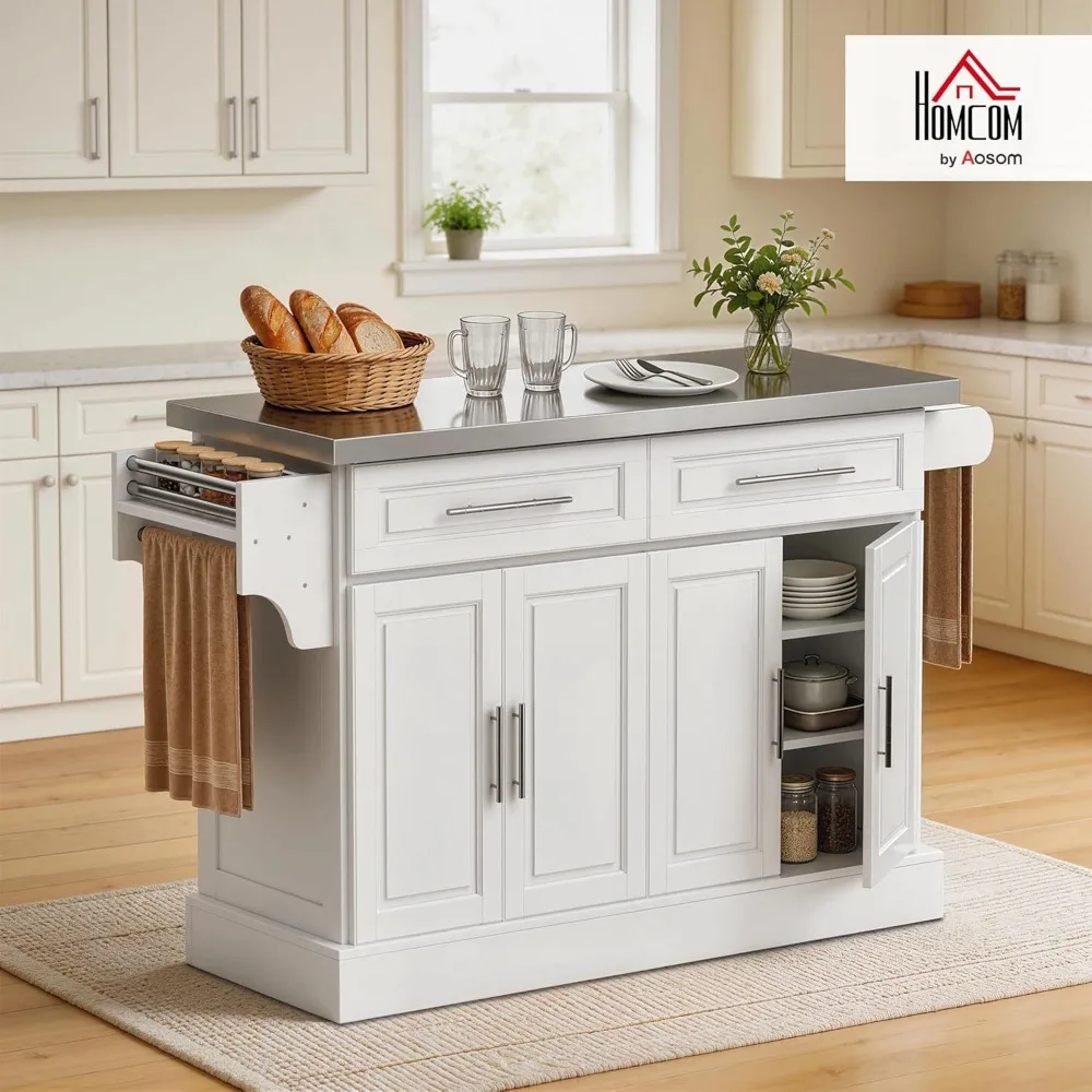 

Rolling Kitchen Island Cart with 47" Stainless Steel Top, Portable Island Table for Kitchen with Wheels, Adjustable, Customized