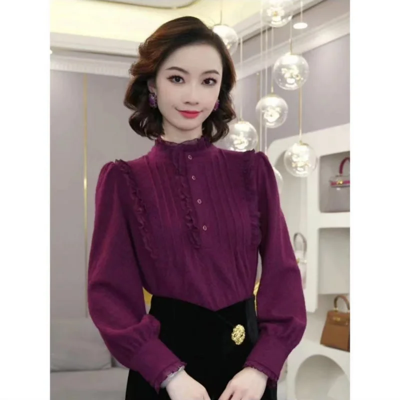High-End-Samtbluse im französischen Stil für Damen, 2025, neuer Herbst, dick, lila, einreihig, langärmelig, Damen-Plisseehemd