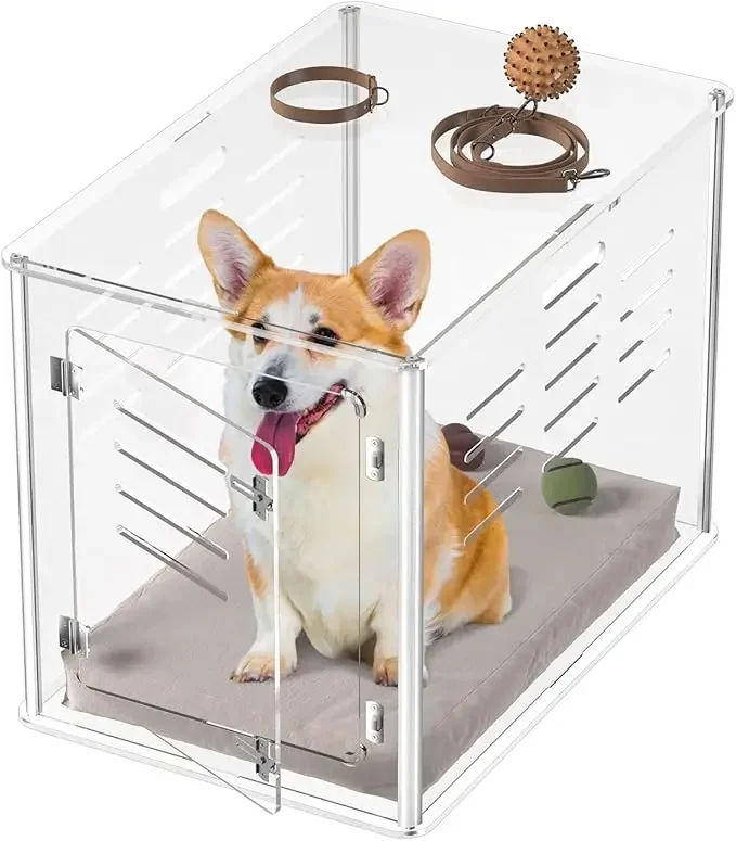 Acrylic Dog Crate Furniture Clear Kennel End for Small Medium Dogs Up to 45lb Indoor Lockable Eco Friendly Heavy Duty Ventilated