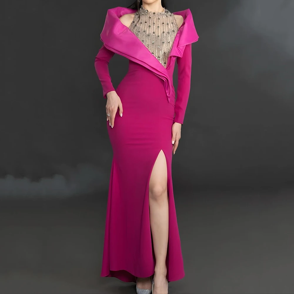 

Customized A-line Evening Dresses Ankle-length High-neck Full Sleeve Prom Gown Fashion Crystal Sequined Simple Draped Party Gown