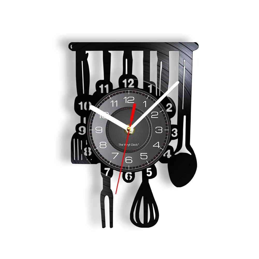 Cutlery Farmhouse Kitchen Art Sign Wall Clock Dinning Room Restaurant Cutlery Wall Decor Vintage Utensil Vinyl Record Wall Clock