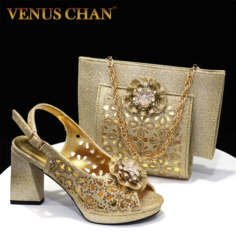 Pattern Popularity  Cutout Pumps High Heels Decorated with Rhinestone Flower Design Party Women's Shoes and Bags Set