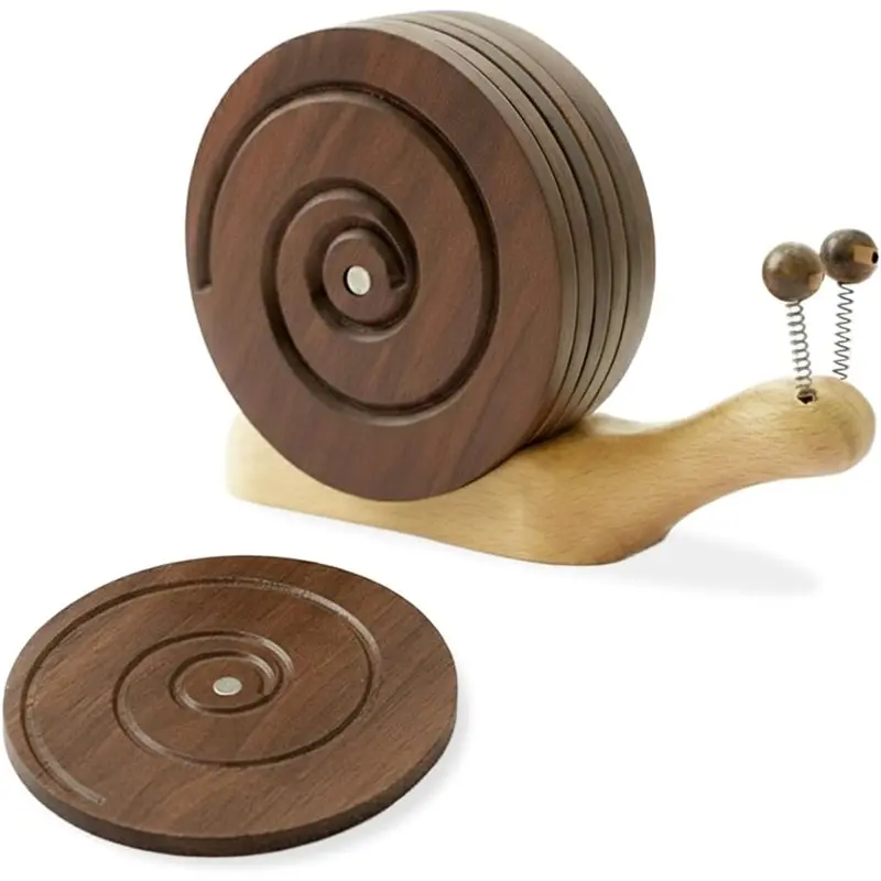

【COMELY】For Drinks Magnetic Snail Wood Coasters Set-Handmade Set Of 6 Includes Holder For Wooden Table Protection