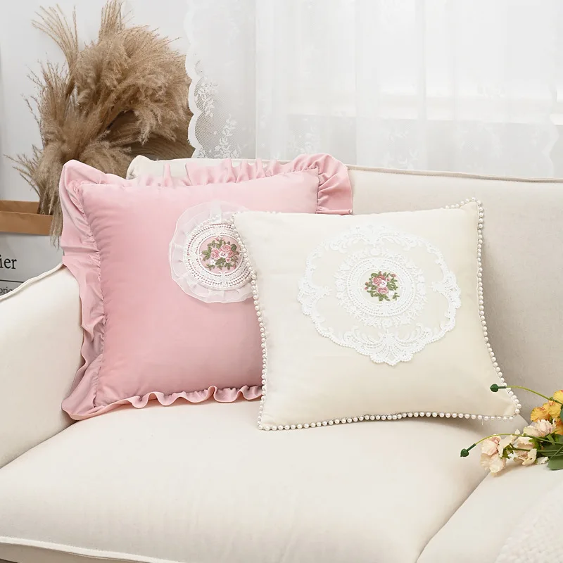 with Lotus Frill French Lace Pillow Cover Floral Embroidered Velvet Cushion Cover Elegant Pearl Edge Sofa Bed Cushion Cover