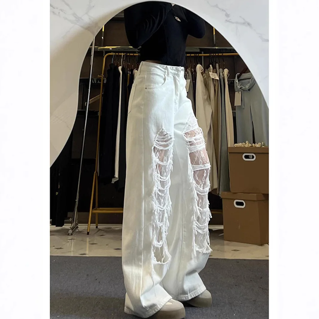 Women's White Distressed Lace Insert Wide Leg Jeans, High Waisted Ripped Denim Pants with Mesh Lace Underlayer