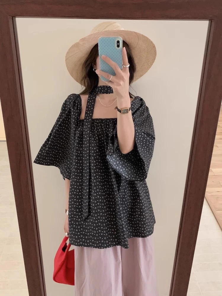 Rétro imprimé fleuri une épaule cloche Sve irt femmes ample ort Sve haut doux Sle coton été nouveauté