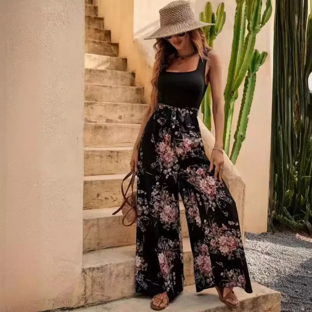 Women Summer Floral Print Jumpsuit Elegant High Class Straight Leg Long Romper Tall Figure Commuter Flattering Casual Streetwear