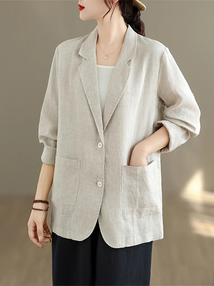 Elegant Casual Linen Suit Jacket Women's Loose Fit Comfortable Breathable Versatile Workwear Suitable for Commuting And Inter...