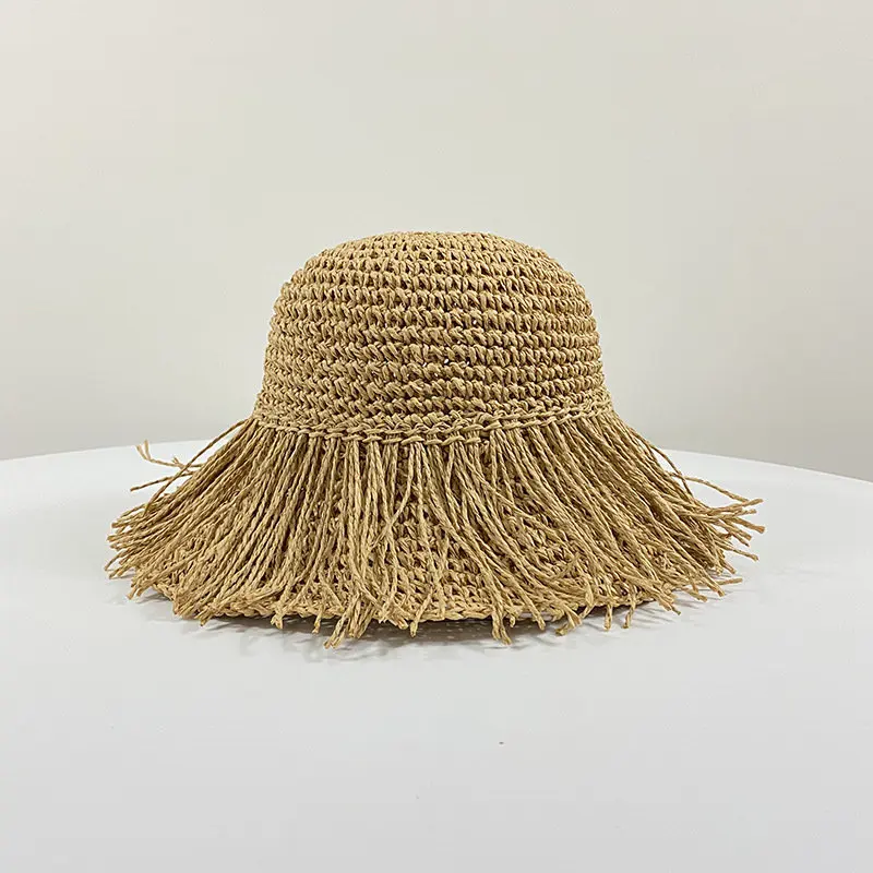 NEW Handmade Women Straw Sun Hats Large Wide Brim Gilrs High Quality Tassel Double Layer Raw Edge Steel Wire Shaping Bucket Cap