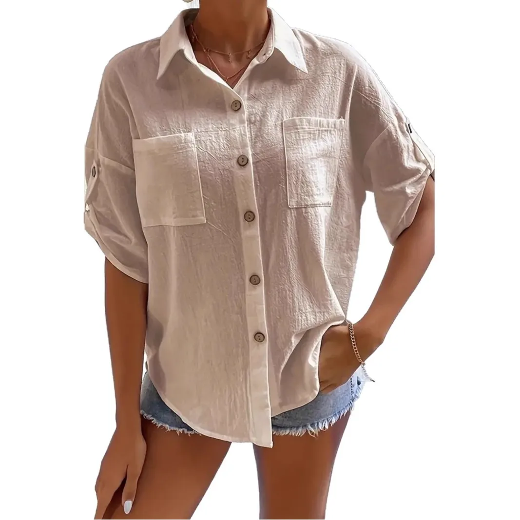 Elegant Cotton Linen Shirts Women Casual Solid Button Lapel Blouses Shirts Spring Summer Long Sleeve Loose Tops Tunic Blusas