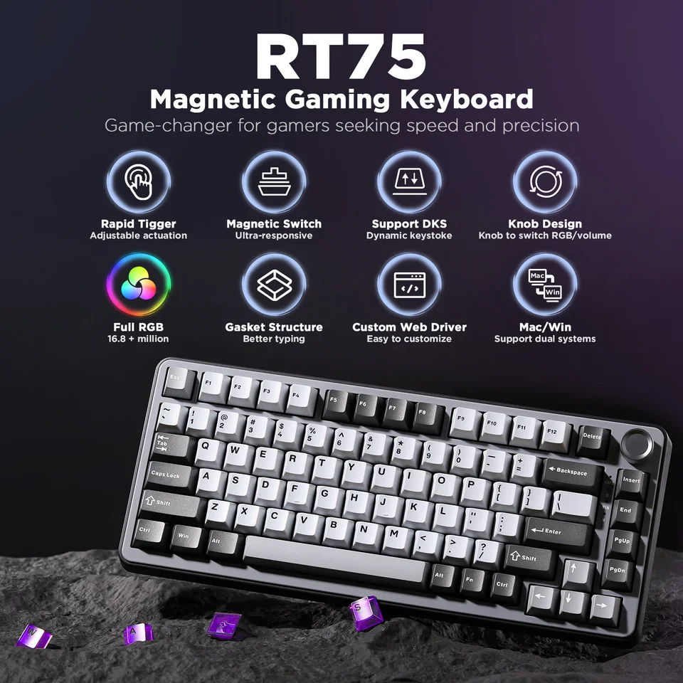 YUNZII RT75 ラピッドトリガーゲーミングキーボード、ゲーマー用ホール