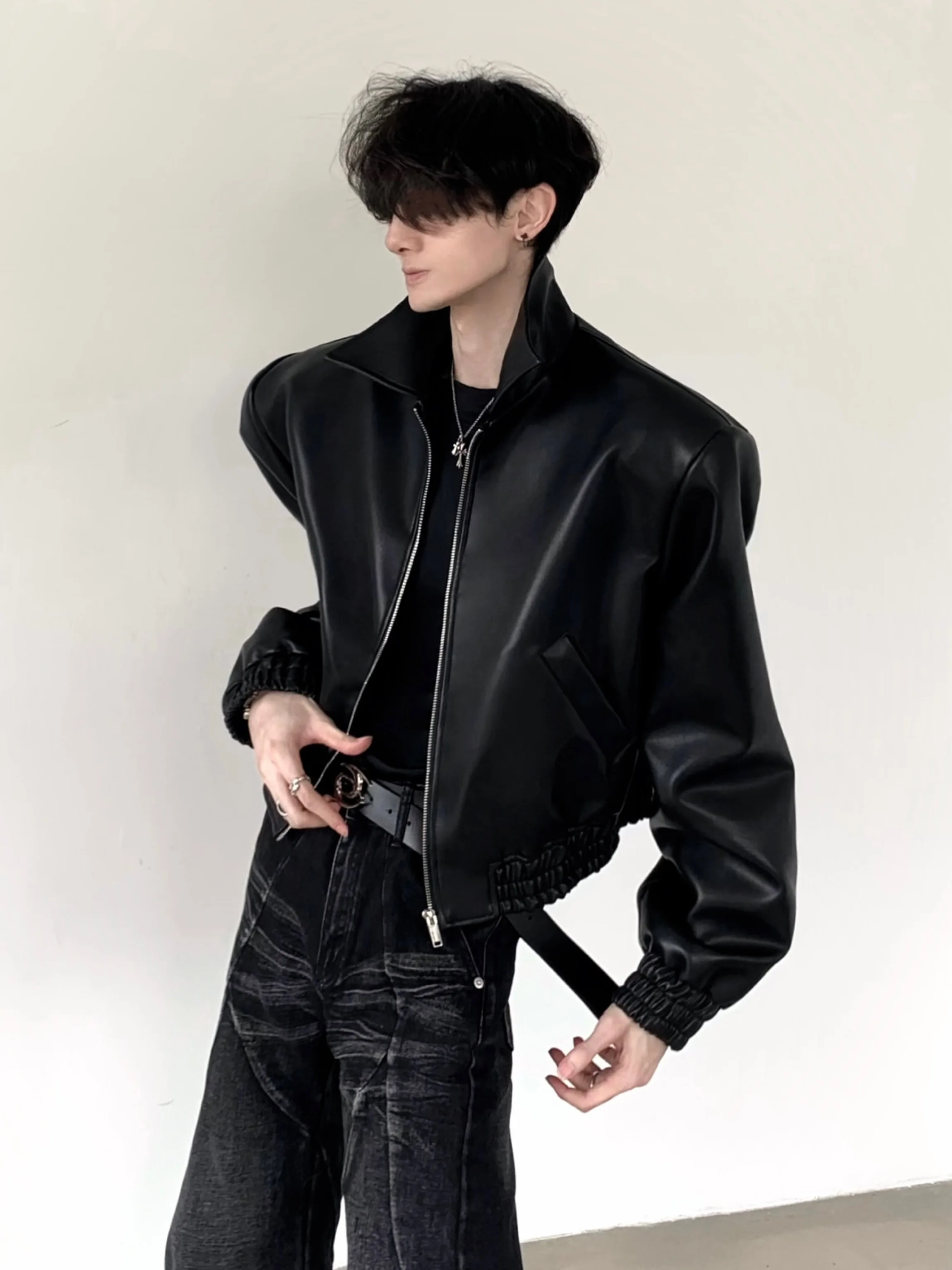 Black Short Leather Jacket Men's Fashionable Cleanfit Shoulder Pad Large Collar Trendy Windproof Casual Composite Fabric
