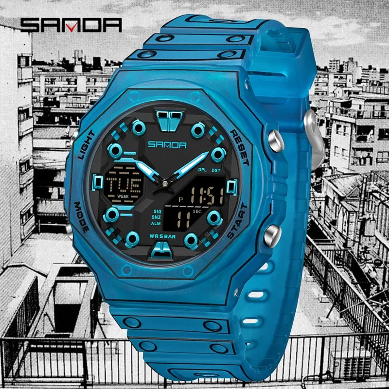 SANDA New Outdoor Sport Electronic Watch Dual Display LED Luminous 5Bar Waterproof Stopwatch Countdown Multifunction Men Watch