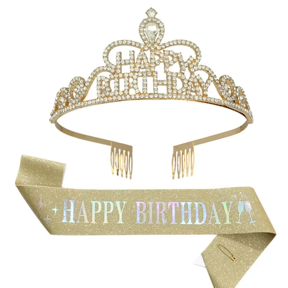 Retro Rhinestone Crown Princess Party Accessories Happy Birthday Shoulder Strap Temperament Baroque Crystal Vintage Tiara