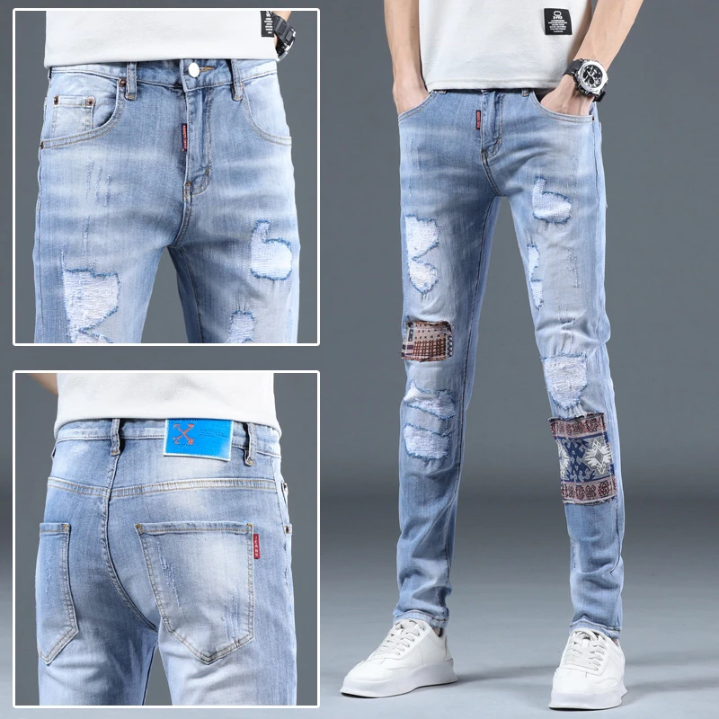 EH·MD® Sew Embroidered Cloth Jeans Men's Summer Worn And Scraped Breathable Pure Cotton Sky Blue Elastic Pencil Pants National 2