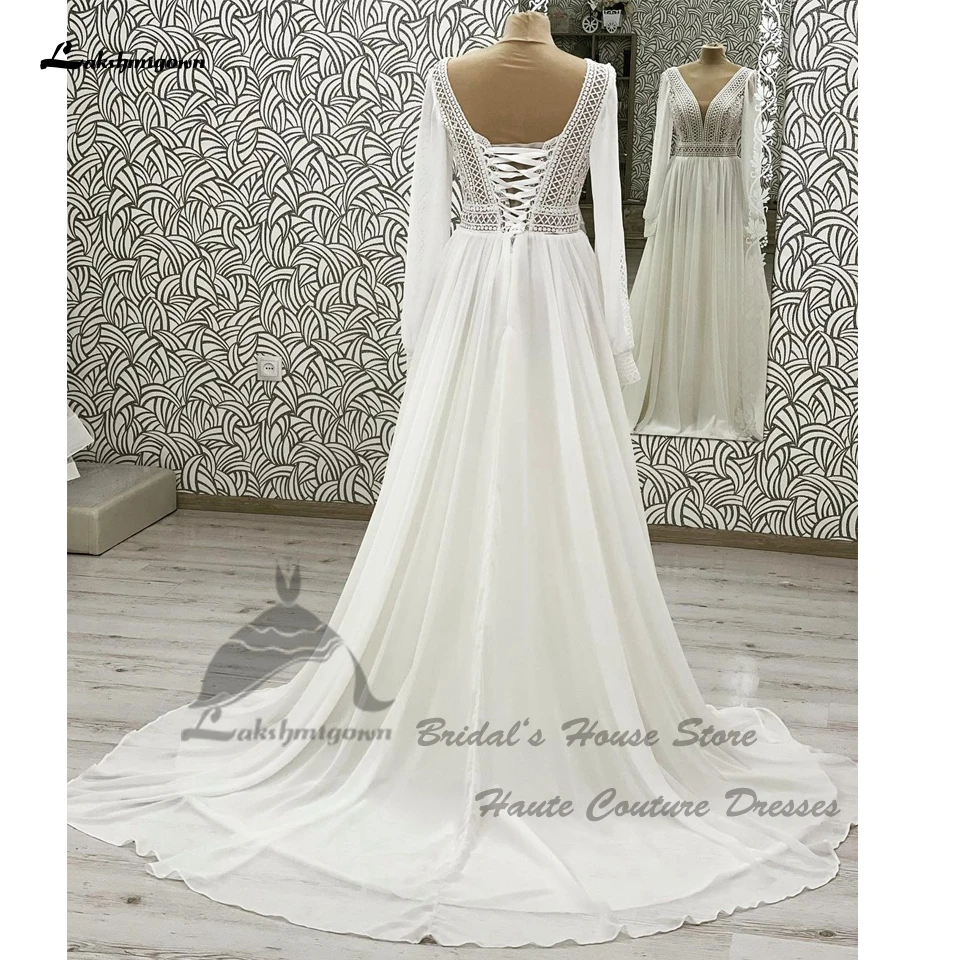 Lakshmigown Voluminöse Chiffon-Strandhochzeitskleider mit Langen Ärmeln 2026 Vestidos Elegante Boho-Brautkleider mit Schnürung am Rücken Maßanfertigung – Detail 4