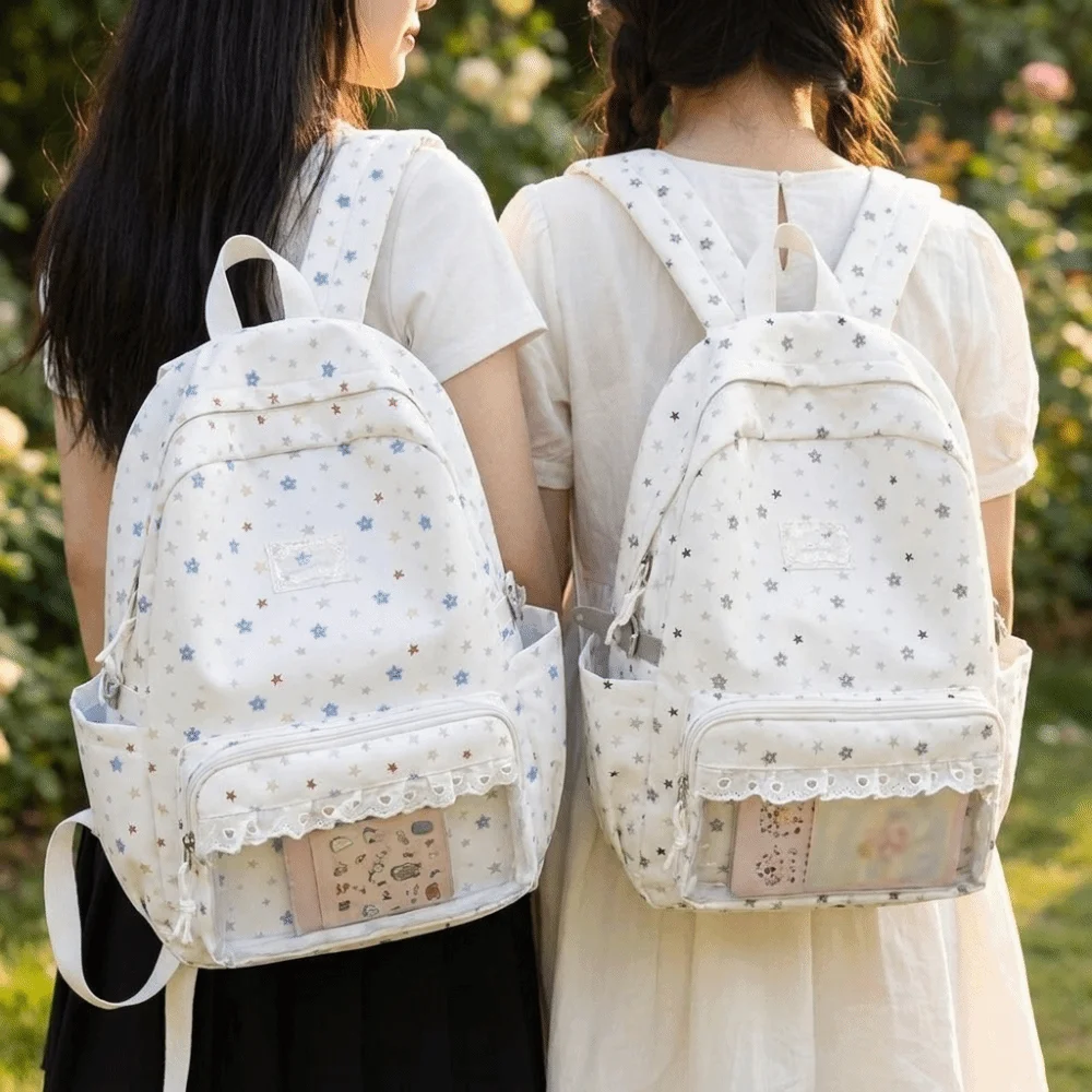 New Large Capacity School Backpack Transparent Star Print Student Rucksack Lace Trim Cute Aesthetic Backpack School Campus
