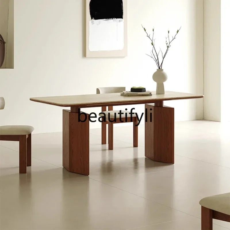 

American retro style natural travertine dining table and chairs household medieval creative dining table