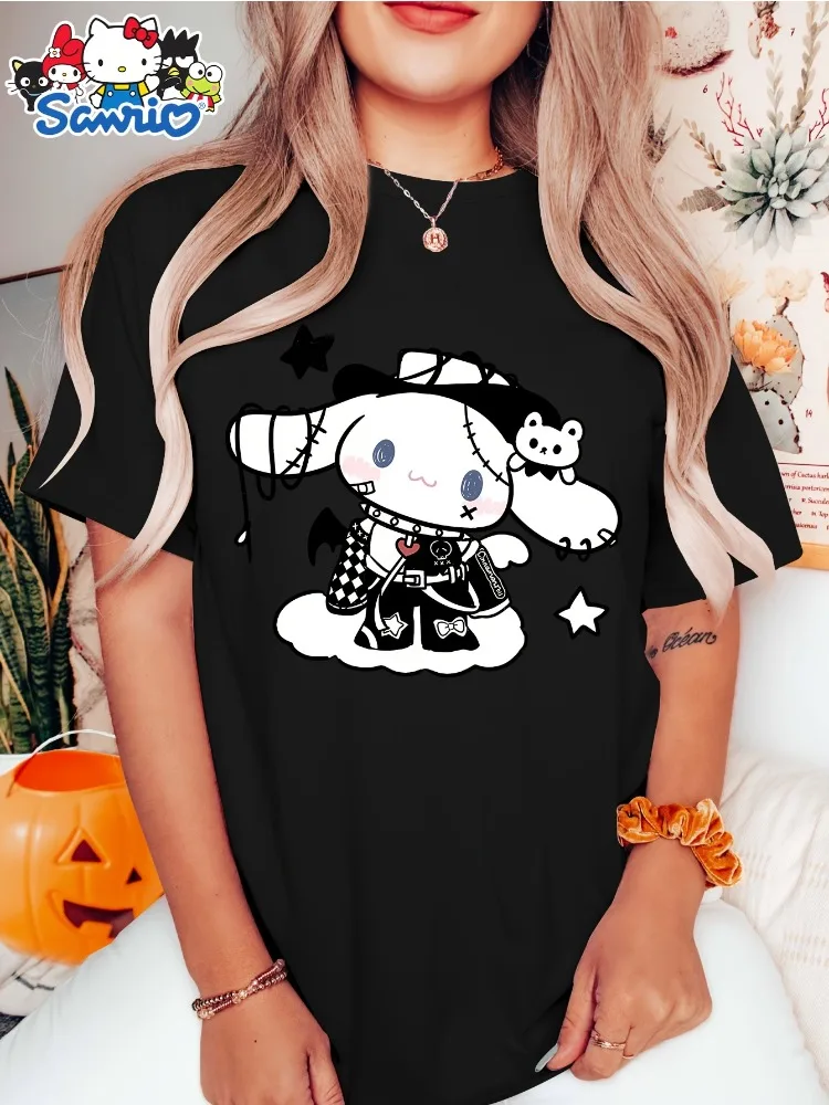 

Sanrio Halloween Dark Patchwork Cinnamoroll Big Ears Dog Print Crew Neck Short Sleeve T-Shirt Elegant Vintage Minimalist Style