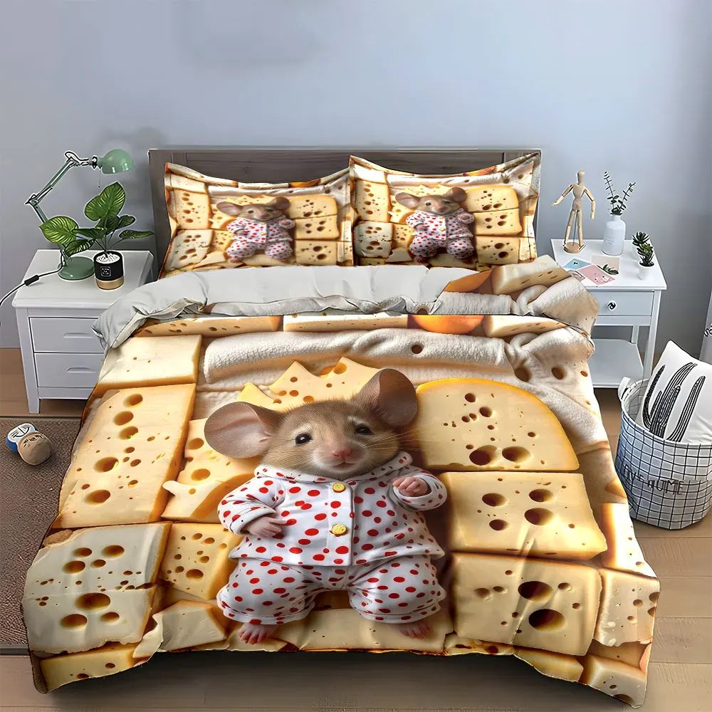Cheese-Themed Decorative Mouse Set Soft Skin-Friendly Bedding Set Includes 1 Duvet Cover And 2 Pillowcase, Gift