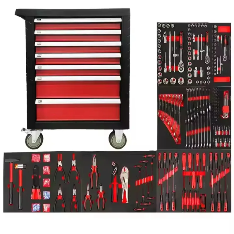 Professional Red 7 Drawers Rolling Workshop Auto Repair Cabinet 420 Pcs Tool Sets Customizable OEM Professional Tool Box