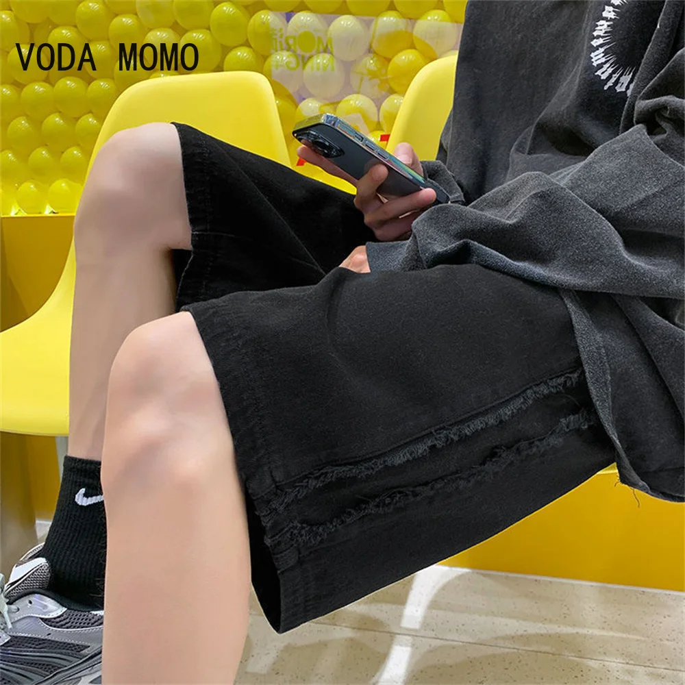 

Korean Style Summer Men's Black Wide Leg Denim Shorts 2022 New Fashion Casual Baggy Short Jeans Male Brand Clothes