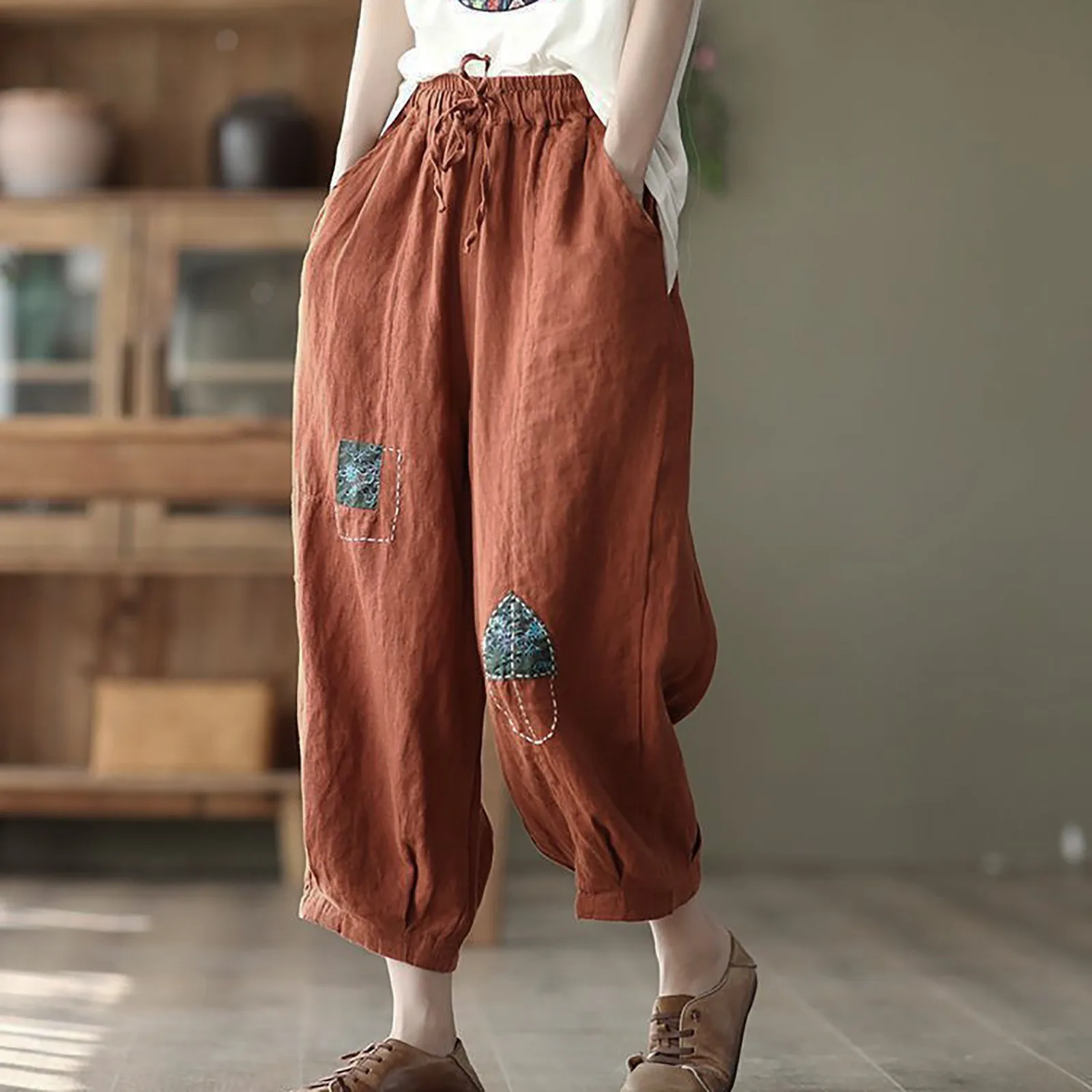 

Cotton linen harem pants female large size spring and summer new fashion literary elegant patch casual nine-point wide leg pants