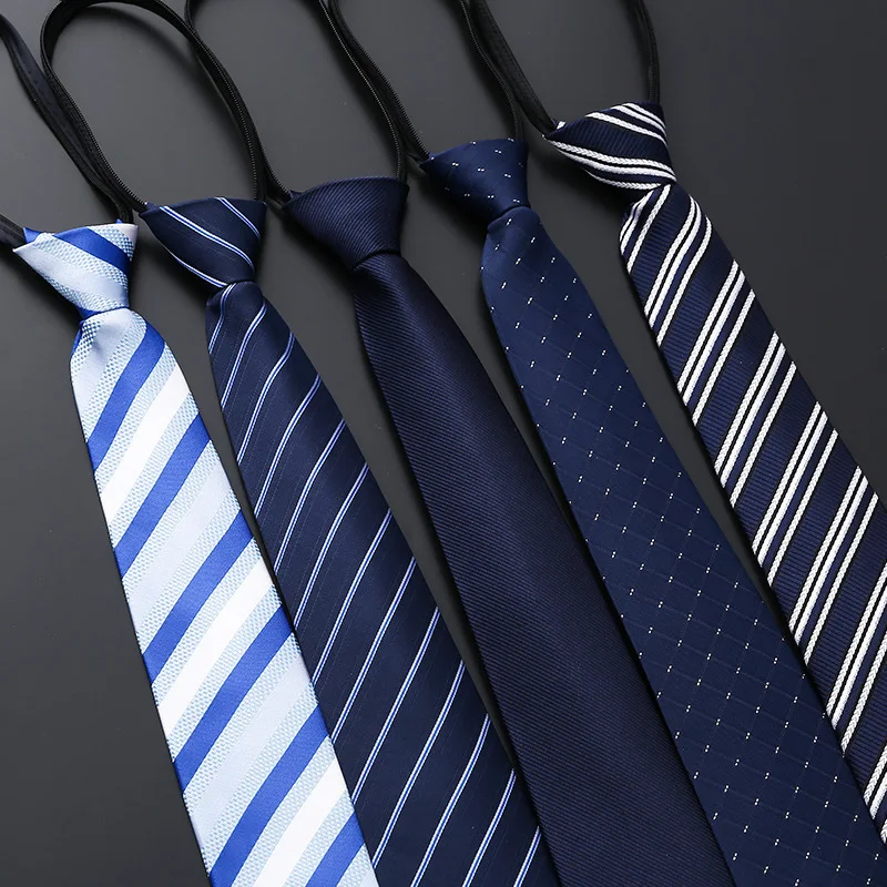 8CM Men\'s Business Dress Zipper Tie Groom Wedding Blue Stripe Korean  Black Lazy Tie Pull