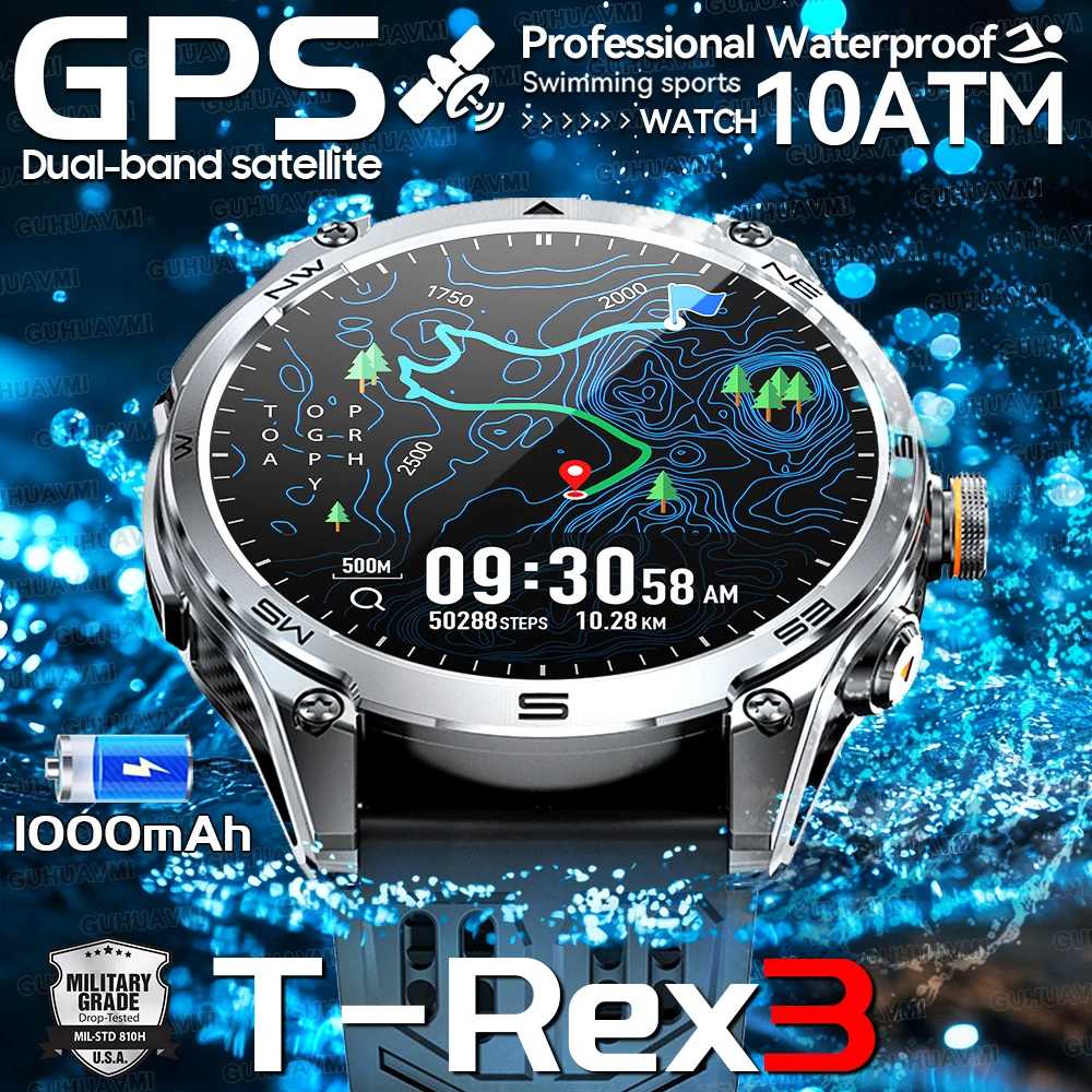 2025 New Outdoors Military T-Rex3 GPS SmartWatch 10ATM Waterproof Swim Watch Built in GPS Compass Voice Call Sports Bracelet Men
