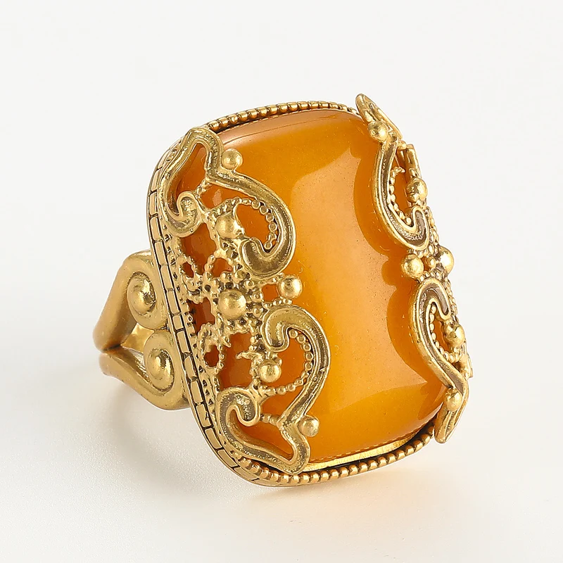 Vintage Quadratische Gelbe Naturstein-Ringe für Frauen Goldfarben Antik Bienenwachs Luxus Kupferschmuck Mädchen Mode 2026 Neu