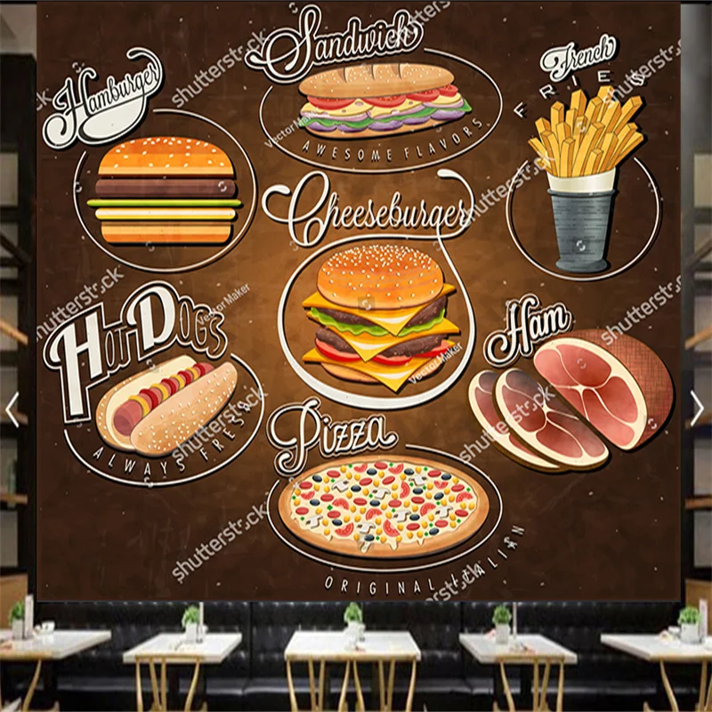 

Custom Hand Painted Fast Food Burger Fries Pizza Wallpaper Industrial Decoration Mural Restaurant Snack Bar Background Wall