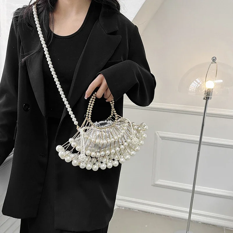 Silver Pearl Evening Clutch Bag Luxury Designer Handbag Purse For Women Female Hollow Out Shoulder Crossbody Bag Party Wedding